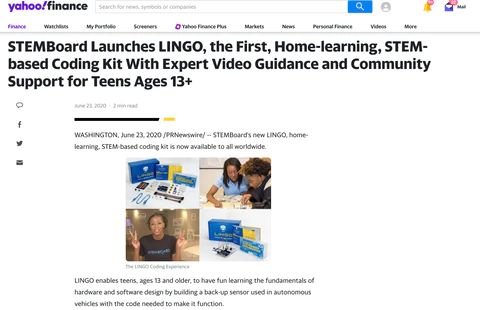 Yahoo! Finance: STEMBoard Launches LINGO, the First, Home-learning, STEM-based Coding Kit With Expert Video Guidance and Community Support for Teens Ages 13+